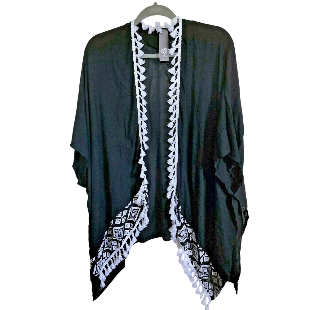 Vince Camuto OS Women Black White Tassel Embroidered Kimono Wrap Cardigan NWT - Picture 4 of 9